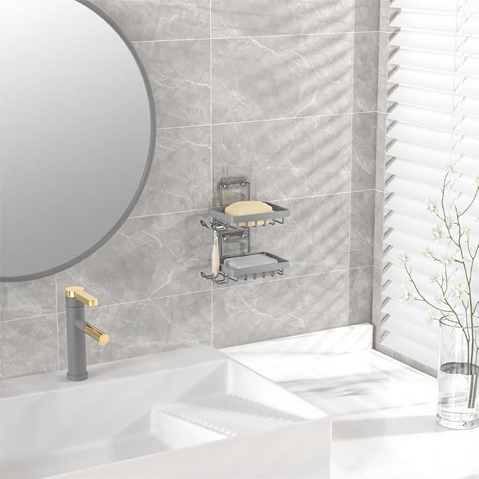 Moforoco Grey Double Soap Bar Holder for Shower, No Drilling, 304 Rustproof Stainless Steel, Wall Mounted Soap Holder with 4 Hooks and Razor Holder, Shower Rack Soap Tray Bar Soap for Bathroom