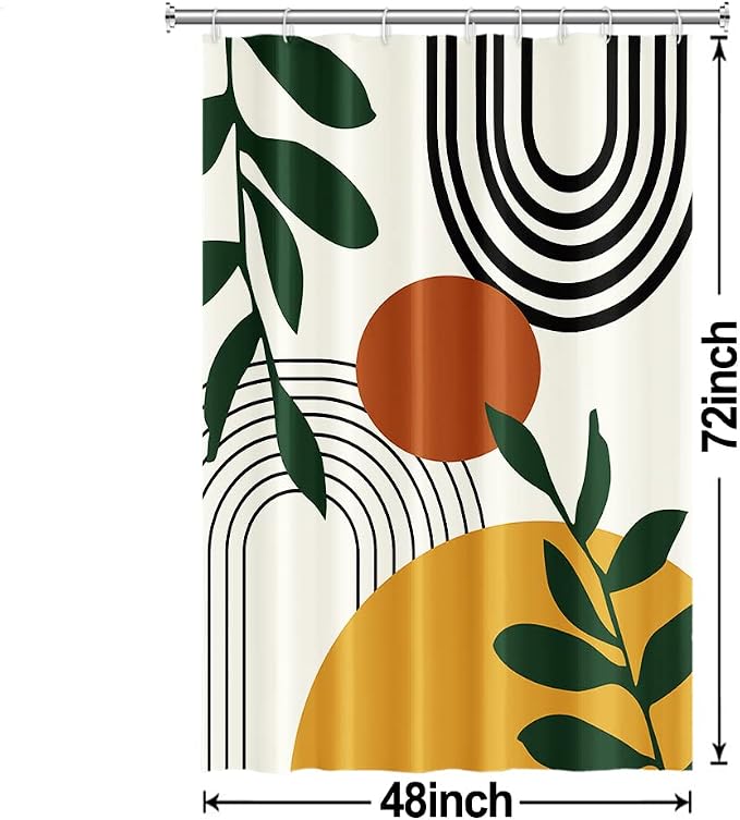 Boho Sun Stall Shower Curtain with Hooks 48x72 Inch | Waterproof Small Mid Century Green Leaves and Arch Bathroom Curtain for Shower Stall, Machine Washable