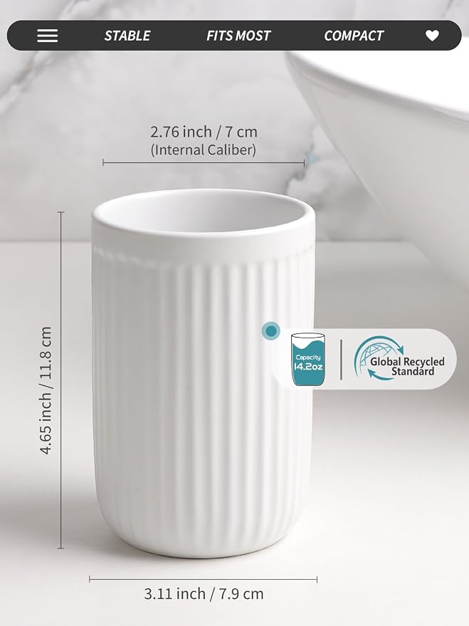 BosilunLife Ceramic Toothbrush Holder - 12oz Bathroom Toothbrush Holder Tooth Brush Holders Tumbler Cups Reusable Toothbrush Mouthwash Cup Small Toothbrush and Toothpaste Holder, Striped White
