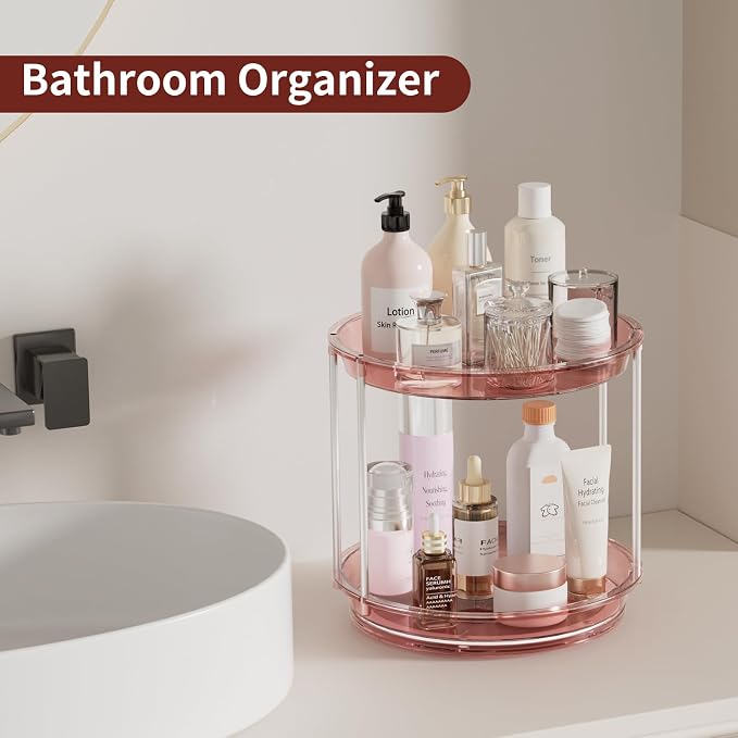 Rotating Makeup Organizer, Perfume Skincare Holder, 2 Tier 9 Inch, Pink | 360° Smooth Spinning Vanity Tray, Large Capacity, Space-Saving Cosmetics Storage for Bathroom Countertop, Dresser