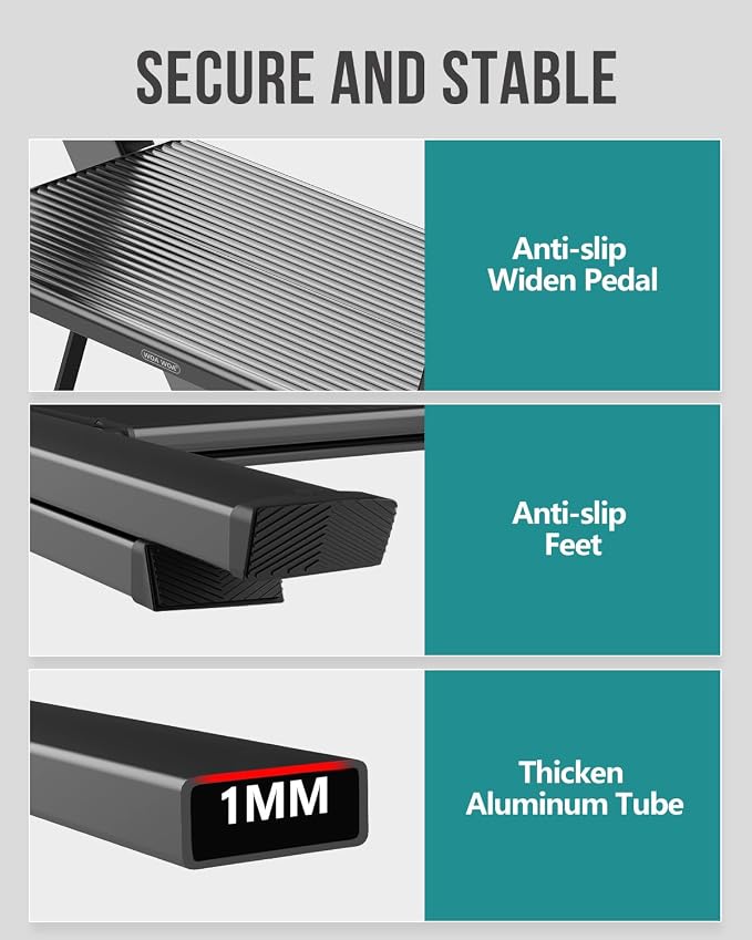 4 Step Foldable Step Stool, 300lbs Load, Black | Folded 43''H x 2''T; Net 9.9 lbs; Non-Slip Feet: Wood/Tile/Carpet; Rigid Aluminum Steps; No Assembly; Ready From Box.