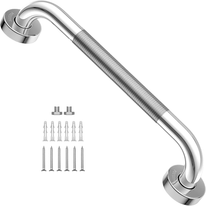16 Inch Chrome Grab Bar, Grab Bar for Bathtubs and Showers | Anti-Slip Knurled Grip, Stainless Steel, Bathroom Handle for Senior Elderly, Balanced Assist Bar, Wall Mounted Handicap Bars