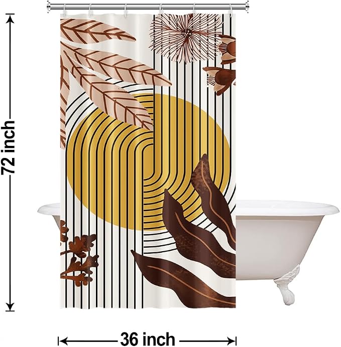 Boho Brown Stall Shower Curtain with Hooks 36x72 Inch | Waterproof Small Abstract Tan Floral and Leaves Bathroom Curtain for Shower Stall, Mid Century Bathroom Decor