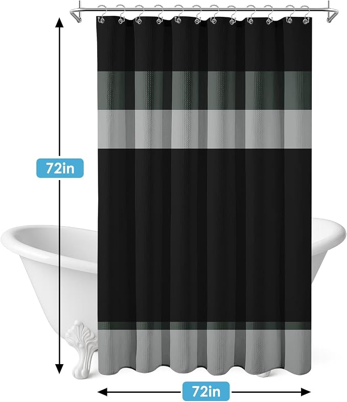 3 in 1 Shower Curtain and Liner,72 x 72 inch, Black Striped | Grey Geometric Shower Curtain and PEVA Liner Set with 12 Rust-Resistant Metal Hooks, Waterproof Fabric Curtains for Bathroom