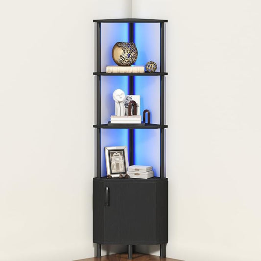 HOOBRO Corner Cabinet with LED Light, Corner Shelf Stand with Storage and Doors, 5-Tier Industrial Corner Bookshelf, 59” Tall Display Rack Shelf, for Living Room, Kitchen, Black BB147DCJ01