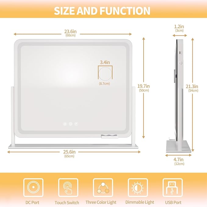 Hasipu 25" x21” LED Vanity Mirror with Lights - Makeup Mirrors with 10X Magnification, USB Charging, 3 Color Dimmable, 360° Rotation (White)