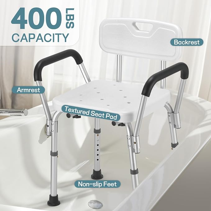 Heavy Duty Shower Chair for Elderly & Disabled with Padded Armrests & Back | Tool-free assembly adjustable height shower seat for inside shower. Provides secure, comfortable support for handicap adults