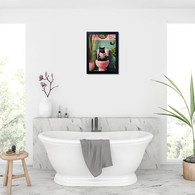 Framed Black Cat Bathroom Decor Pink Trendy Girly Wall Art Funny Cat Reading Toilet Decor Farmhouse Picture Wall Decor