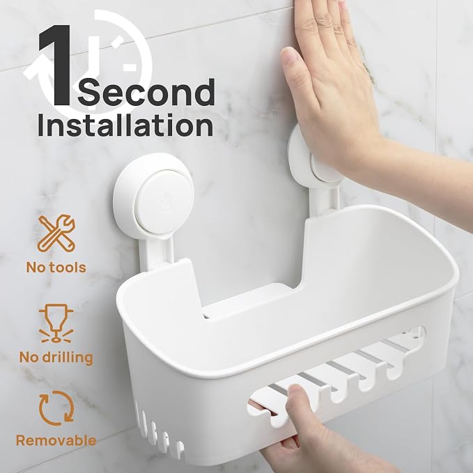 Shower Caddy Suction Cup, Shower Organizer Removable Bathroom Shelf, Storage Suction Powerful Max Hold 22lbs Bathroom Caddy Waterproof Holder, White