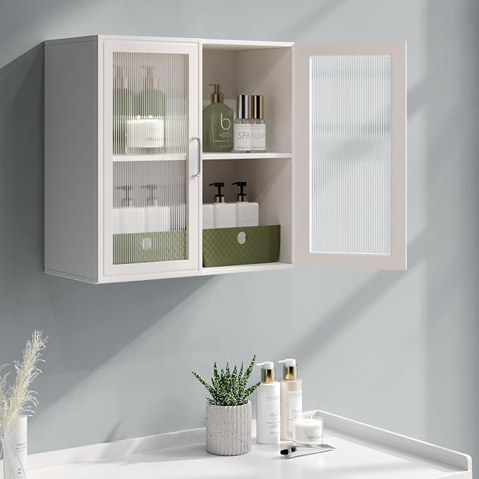FIMELLO Wall Cabinet, Acrylic Glass Wall Mounted Storage Cabinets， Medicine Cabinet for Kitchen Garage Laundry, White