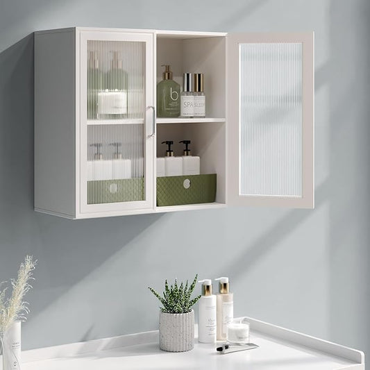 FIMELLO Wall Cabinet, Acrylic Glass Wall Mounted Storage Cabinets， Medicine Cabinet for Kitchen Garage Laundry, White