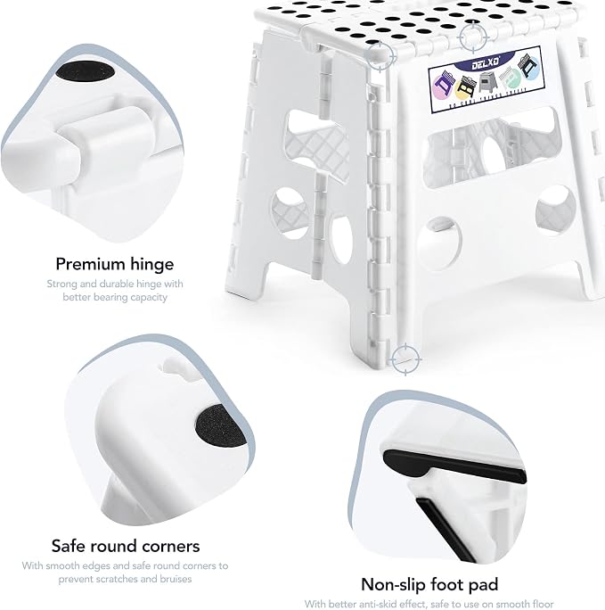 Delxo Folding Step Stool 13 Inch,300 Lbs Step Stool for Adults White | Foldable Step Stool 13",Non-Slip Foot Stools with Handle,Lightweight Collapsible stools for Kitchen,Bathroom,Bedroom,Garden