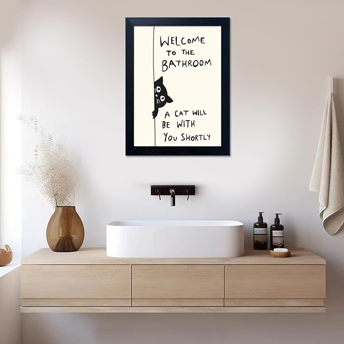 Framed Black and White Bathroom Painting Welcome to the Bathroom Wall Art A cat Will be With You Shortly Funny Cat Lover Picture Canvas Print Poster Modern Home Decor