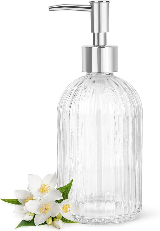 Topsky Stripe Glass Soap Dispenser with Plastic Pump, 400ml Liquid Hand Soap Dispenser, Rustproof Pump for Kitchen & Bathroom, Great for Lotions, Essential Oil, Liquid Soaps,Transparent