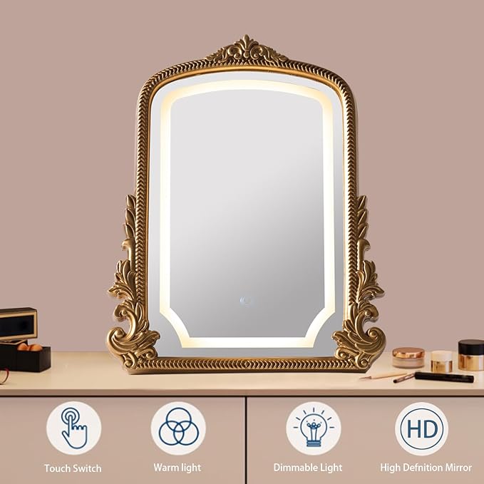 HSDDHOME Large 16x20 Vintage LED Vanity Mirror, Gold Arch Makeup Mirror | 3-color dimmable lights; antique carved frame; large tabletop for wide dressers