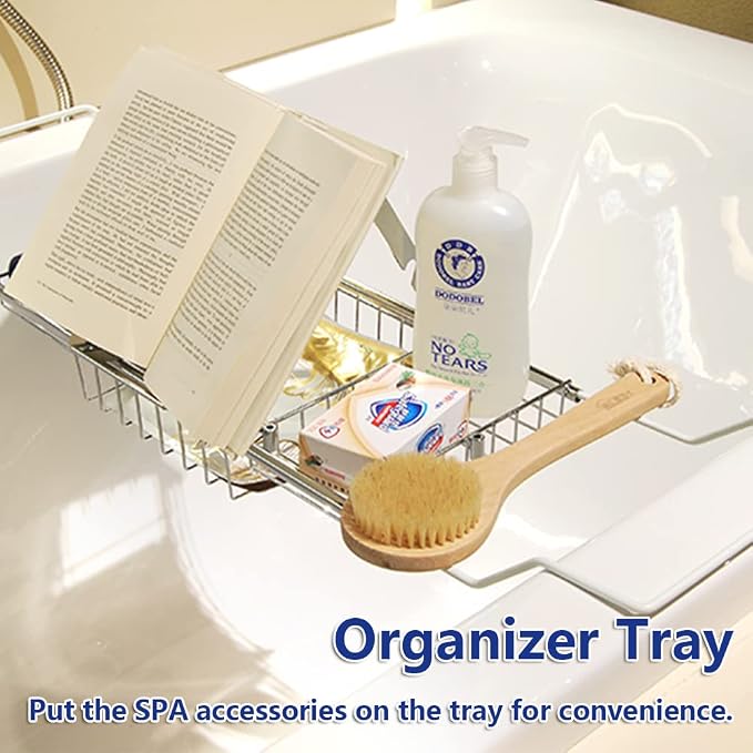 Bathtub Tray Caddy for Luxury Bath Expandable Bath Tub Tray (Silver) | Expandable Length,Extra Wide,2 Removeable Wine Glass Holder,Soap Accessaries Holder,Laptop Reading,Bath Tools Organize