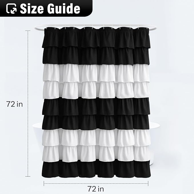 Seasonwood Ruffle Shower Curtain Black and White Shower Curtain, 72" x 72" | Cascading full-length fabric tiers, soft dimensional texture, vintage shabby chic styling for decorative bathroom updates