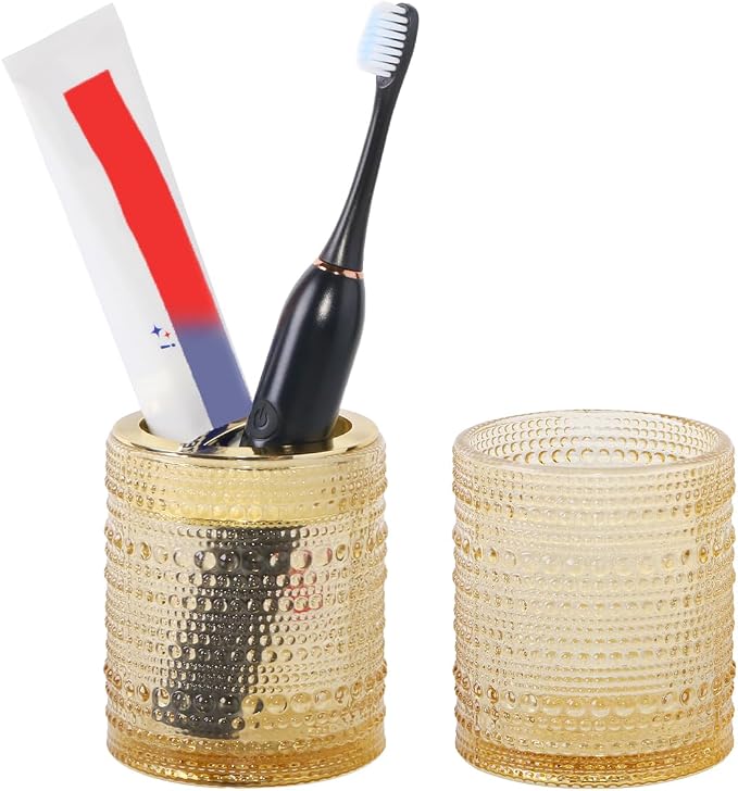 Amber Toothbrush Holders, 2pcs Glass Toothbrush Holder Set, 10oz Bathroom Tumbler Cup, Gold Tooth Brush Holder Storage Cup Organizer for Bathroom Accessories, Brushes,Toothpaste,Razor