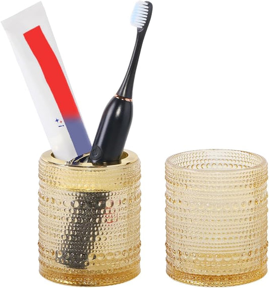 Amber Toothbrush Holders, 2pcs Glass Toothbrush Holder Set, 10oz Bathroom Tumbler Cup, Gold Tooth Brush Holder Storage Cup Organizer for Bathroom Accessories, Brushes,Toothpaste,Razor