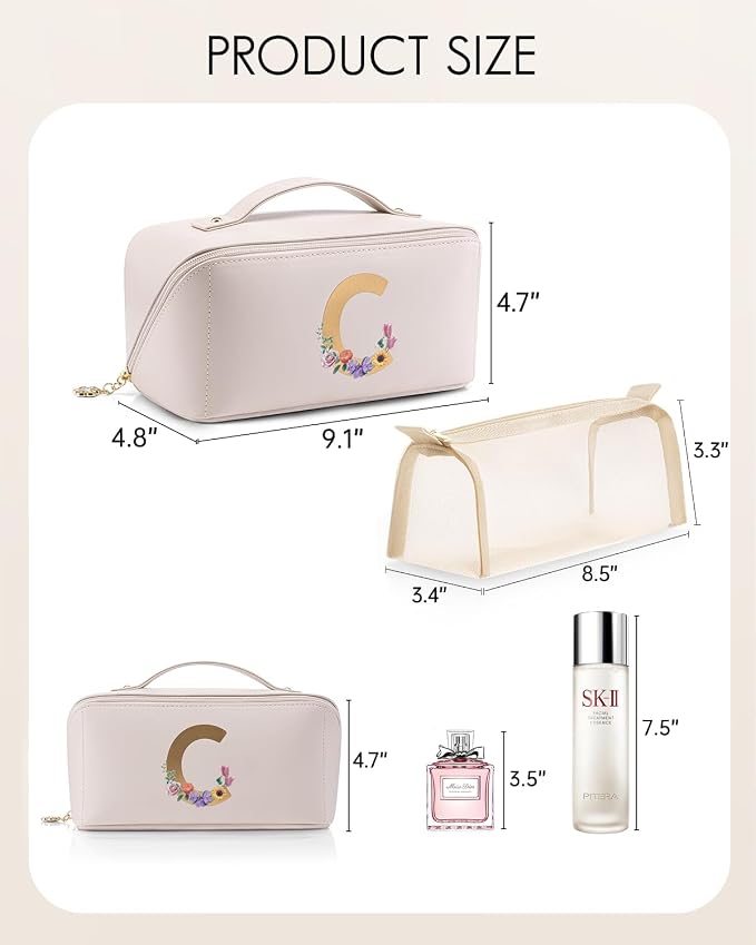 VLANDO Travel Makeup Bag with Separate Brush Pouch,Letter C,Off White | PU Leather Open Flat Toiletry Bag,Waterproof Cosmetic Skincare Organizer,Birthday Gifts for Women,Bridesmaid,Teen