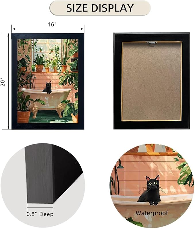 Framed Funny Bathroom Wall Decor Green Plant Picture Painting Modern Bathroom Wall Art Bath Black Cat Canvas Print Poster Animal Bathtube Artwork Maximalist Restroom Decor
