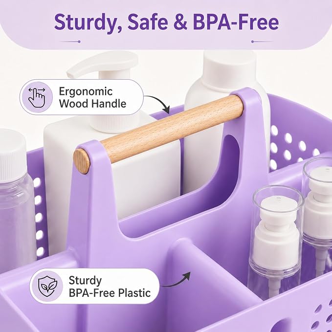 Portable Shower Caddy Basket with 3 Compartments and Handle, Purple | Plastic Divided Beauty Caddy Organizer for Hair Care, Cosmetics, Toiletries, Craft Supplies, Dorms and Vanities