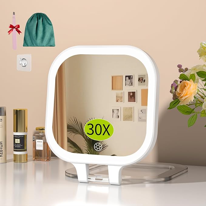 FUNTOUCH Rechargeable 7" Travel Makeup Mirror 30X Magnification,White | Double Sided Magnifying Mirror with Tweezers/Hook/Bag, 3 Color Lights & Adjustable Brightness, 300°Rotation , Gift for Women