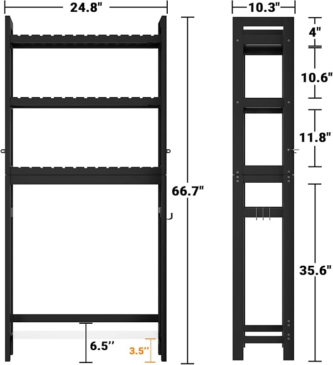 Bamboo Over The Toilet Storage Shelf, 3-Tier Above Toilet Storage Organizer Rack with 3 Hooks, Freestanding Bathroom Tower Shelf Unit for Small Space, No Rust, Easy to Assemble, Black