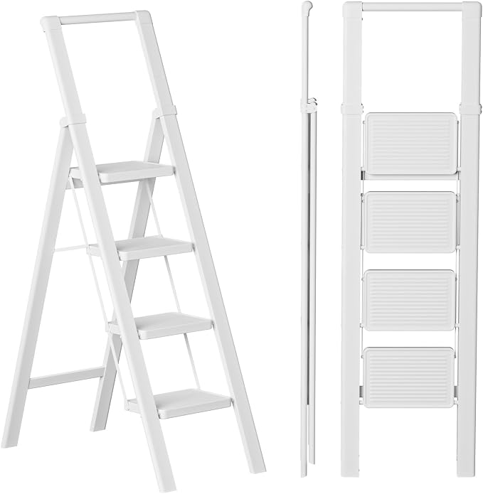 4 Step Ladder, Lightweight Folding Step Stool, Pure White | Reach 8ft;Anti-Slip Wide Pedal;Portable Handrail;Space-Saving;For Kitchen, Home, Library, Office Use;300lbs Capacity