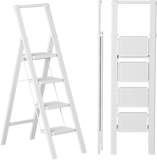 4 Step Ladder, Lightweight Folding Step Stool, Pure White | Reach 8ft;Anti-Slip Wide Pedal;Portable Handrail;Space-Saving;For Kitchen, Home, Library, Office Use;300lbs Capacity