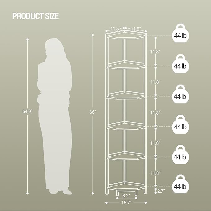 Hzuaneri Corner Shelf Stand 6-Tier Corner Bookshelf Storage Standing Shelf | Bookcase Plant Stand with Metal Frame for Living Room, Home Office, Bedroom, White CS06013W