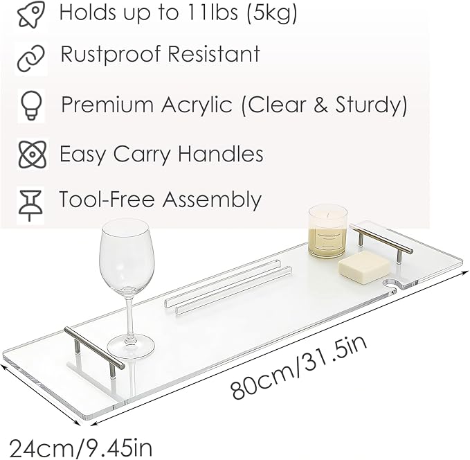 Bathtub Tray, Bath Tray for Tub, Acrylic Bath Caddy Tray for Bathtub, for Tub Luxury Spa with Tablet Slots and Wine Glass Hole, Bathroom Accessories for Decorative Bathtubs (31.5 * 9.45in)