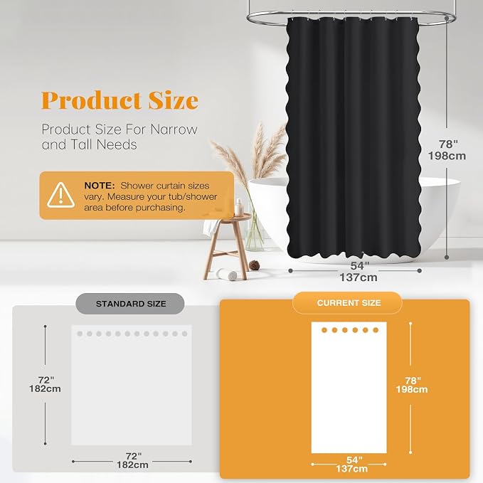 54x78 Boho Scalloped Linen Textured Cloth Shower Curtain Set, Black | Narrow Long Size, 230GSM Waterproof Polyester, Heavy Duty Fabric, 10 Plastic Hooks, Elegant Farmhouse Style, Machine Washable