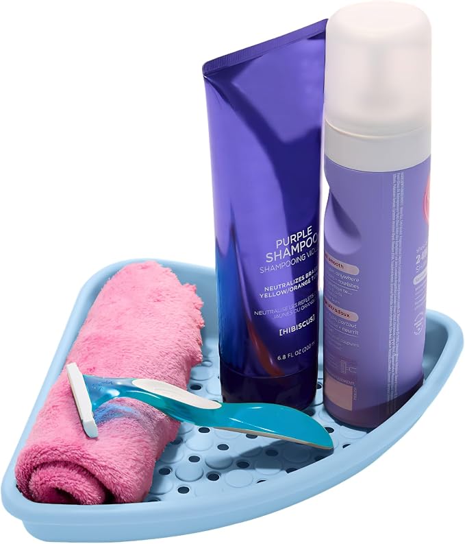 madesmart Bathtub Corner Shelf, Blue | suction cup base, drainage holes, raised edges, shampoo soap razors, bath accessories, woman owned