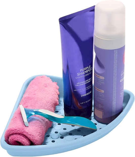 madesmart Bathtub Corner Shelf, Blue | suction cup base, drainage holes, raised edges, shampoo soap razors, bath accessories, woman owned