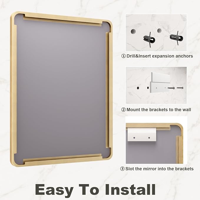 60x36 Inch Gold Framed Bathroom Mirror | Brushed Gold Metal Frame, Rounded Rectangle Gold Mirror, Anti-Rust, Tempered Glass, Hangs Horizontally or Vertically