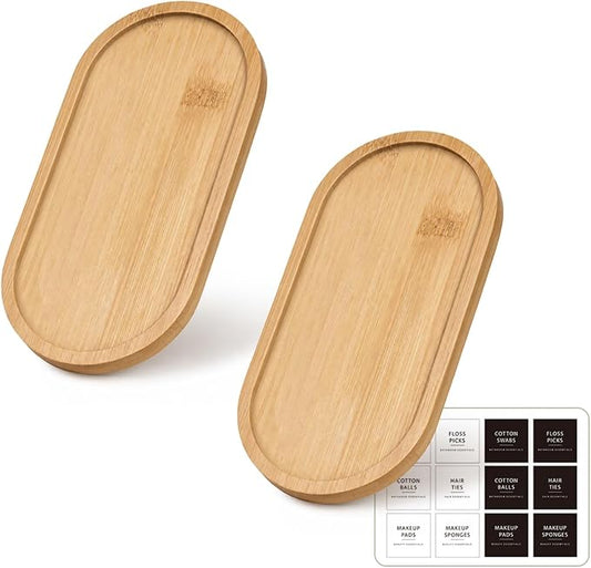 SheeChung Bathroom Counter Tray, Small Bamboo Vanity Tray - 6.9" x 3.5" | 2 Pack, Decorative Kitchen Countertop Organizer for Soap Dispenser, Perfume, Jewelry, Catchall, Makeup, Candle, Coffee Table