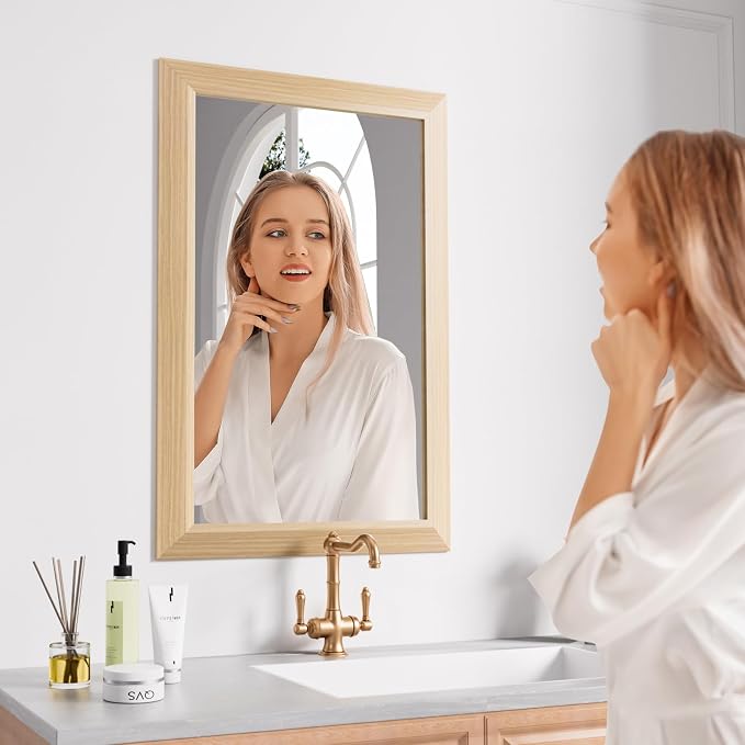 Bathroom Mirror, 20" X30" (Oak Wood Grain) | Metal Frame Mirror for Wall, HD Reflection, Anti-Rust, Horizontally/Vertically, Suitable for Bathroom, Farmhouse, Entryway