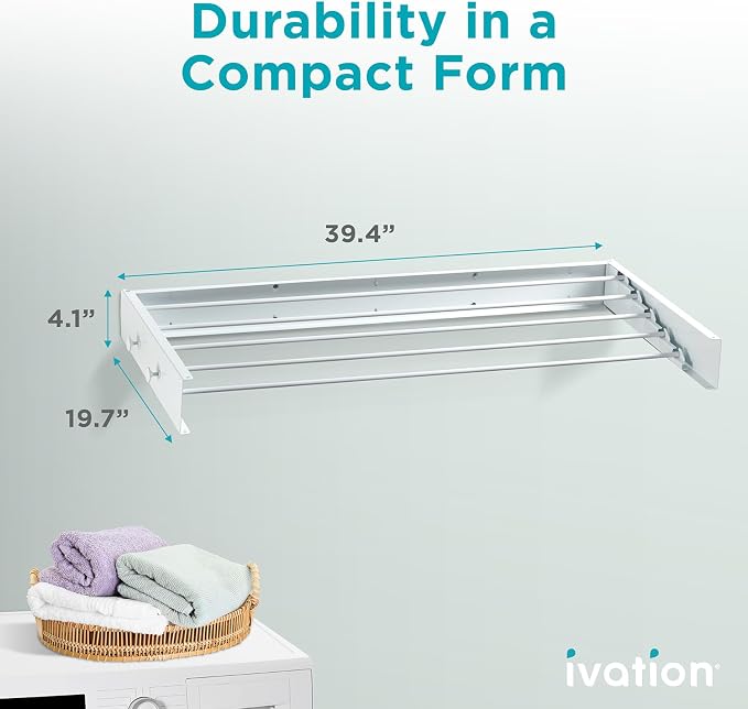 Ivation Retractable Wall Mounted Clothes Drying Rack, 40" Foldable Laundry Drying Rack for Clothing | Collapsible Space-Saving Design & 5 Rods | Easy Installation with Hardware & Wall Template (White)