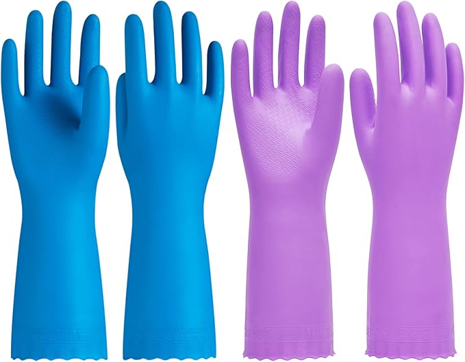 2 Pairs Cleaning Gloves, Cotton Liner, Purple+Blue, Medium | Waterproof dishwashing gloves with non-slip grip, Latex-Free, flexible fit for kitchen, bathroom, laundry & cleaning