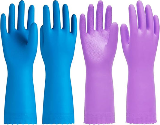 2 Pairs Cleaning Gloves, Cotton Liner, Purple+Blue, Medium | Waterproof dishwashing gloves with non-slip grip, Latex-Free, flexible fit for kitchen, bathroom, laundry & cleaning