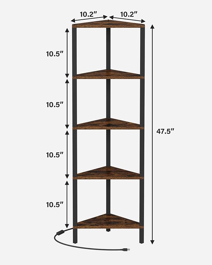 TUTOTAK Corner Shelf with LED Light, 5-Tier Corner Bookshelf | for Small Space, Narrow Display Corner Shelf Stand with Storage Rack, for Living Room, Bedroom, Rustic Brown BS05BB005L