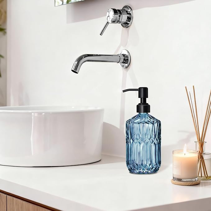 COHOSEGE 17 Oz Blue Glass Kitchen Soap Dispenser for Dish Soap, 2 Pack Bathroom Soap Dispenser Set with Black Rust Proof Pump for Lotion, Hand soap or Body Wash