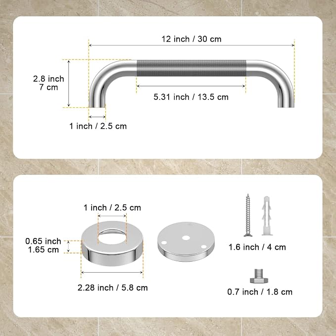 12 Inch Anti Slip Shower Grab Bar,Chrome Finish Bath Grab Bar-1Pack | Knurled Bathroom Safety Rail, Stainless Steel,Shower Handrail Support, Handicap Elderly Injury Senior Balance Assist Handles