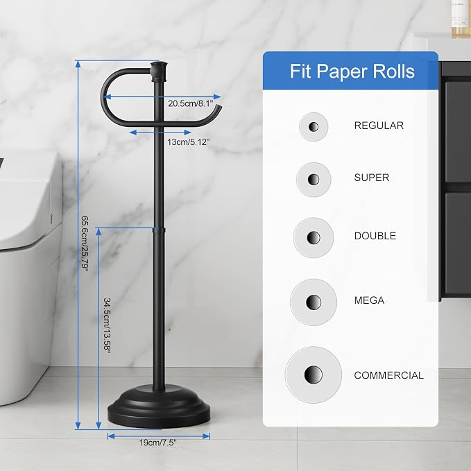 RUMOSE Toilet Paper Holder Stand for Floor Free Standing, Black | Bathroom Freestanding Toilet Tissue Roll Holder with Storage, Adjustable 17-25 Inch, Rustproof, SUS304 Stainless Steel