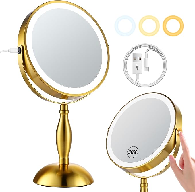 Makeup Mirror with Lights, 30X Golden Magnifying Mirror | 5000mAh Rechargeble Double Sided Mirror - Side Charge & Touch, Brightness Adjustable with 3 Colors, 360°Swivel Vanity Mirror