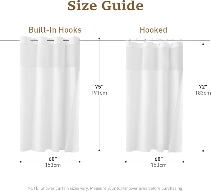 60x75 Ringless Linen Textured Shower Curtain with Snap in Liner, White | Small Size, 3 in 1 Shower Curtain Set, Removable Liner, Waterproof & Washable, Mesh Top Window, Durable Fabric, Easy Setup