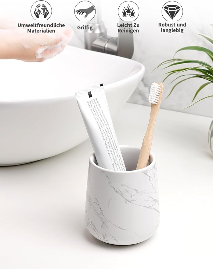 BosilunLife Bathroom Toothbrush Holder - Ceramic Toothbrush Cup Holder 13Oz Marble Toothbrush Holder for Bathroom Toothbrush and Toothpaste Holder for Bathroom Vanity Countertop, Ideal for Home, Hotel
