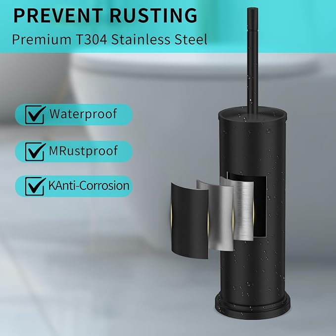 Toilet Brush and Holder Set,304 Stainless Steel Toilet Brush for Bathroom with Long Handle, Heavy Duty Toilet Bowl Brush,Removable Inner Bowl and Splash Protection,Deep Cleaning (Black)