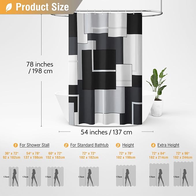54 x 78 Modern Geometric Waterproof Fabric Shower Curtain Set, Black | Narrow Long, Premium Polyester, Weighted Hem, 10 Plastic Hook, Vibrant Color, Wrinkle-resistant, Quick-Dry, Machine Washable